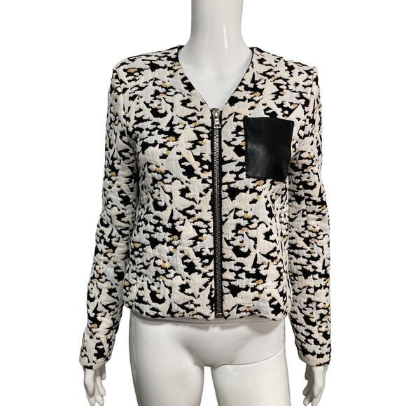 SANDRO White Black Leather Printed Multicolor Pocket Short Zip Jacket Size EU 38 - Picture 1 of 5